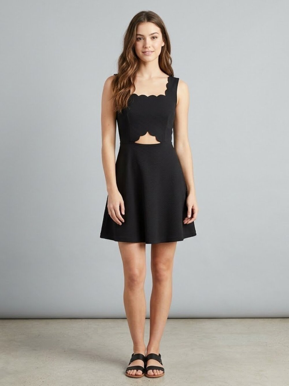 Scalloped Cutout Skater Dress Black Mini A-Line Party Fit and Flare XS